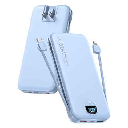 citicr Portable Charger 10000mAh PD20W w/Built-in Cables & Wall Plug Blue - color: Blue