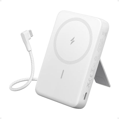 Anker Zolo Magnetic Power Bank, 10,000mAh Wireless Portable Charger | Magnetic Battery Pack with 30W Max Fast Charging, Built-in USB-C Cable and Adjustable Stand, for iPhone 17/16/15 Series - color: White