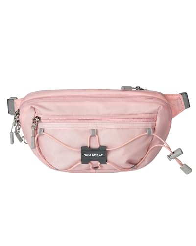 WATERFLY Small Fanny Pack RFID Blocking Travel Hiking Crossbody Waist Bag | Anti-theft design, Water resistant, Lockable zipper, Hidden rear pocket, Lightweight hip belt bag, EDC Running, Cycling, Gym - color: Pink