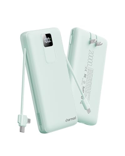 charmast 20000mAh Portable Charger with Built-in Cables and AC Wall Plug - color: cyan
