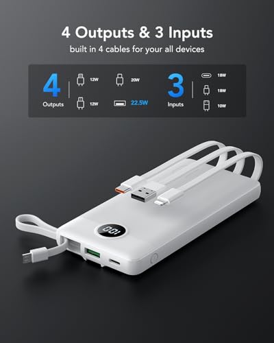 VRURC Power Bank for iPhone, 22.5W Portable Charger with Built-in Cables - color: White