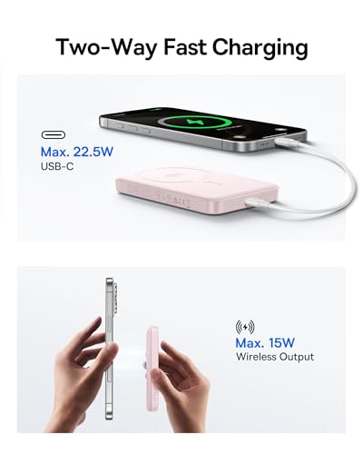 Baseus for MagSafe Portable Charger, Qi2 Certified 15W Wireless Magnetic Power Bank 10000mAh with USB-C Cable 22.5W PD Charging, Battery Pack Compatible with iPhone 17/16/15/14/13 Pro/Pro Max Series - color: Pink