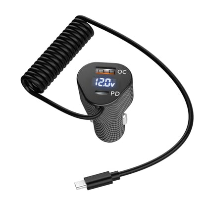 72W Car Charger for iPhone 17 16 15 Pro Max, 3 in 1 Car Charger USB C Fast Charge with Retractable Coiled Cable, Cigarette Lighter Adapter with Voltage Display for Samsung S25 S24 & Google Pixel