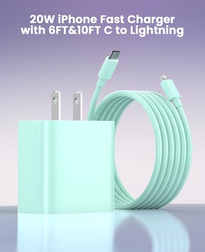 iPhone Charger Fast Charging, USB C Charger Block, 6FT/10FT Lightning Cable - color: green