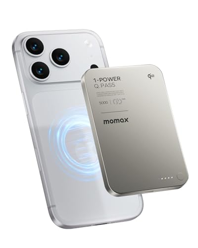 MOMAX (2026 NEW) Q.Pass Magnetic Power Bank, Qi2 Certified 15W Slim Power Bank Fast Charging, 5000mAh for Magsafe Portable Charger for iPhone Air Battery Pack/17/Pro/Max/16/15/14/13/12 (No Lightning)