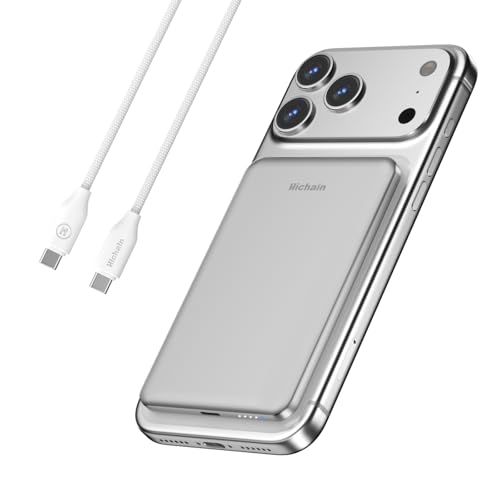 Hichain Magnetic Portable Charger, Wireless Power Bank 5000mAh Magnetic Charger for iPhone 17-12 Series, Magnetic Battery Pack Safe Wireless Charging, with 60W USB-C Charging - Silver - color: Silver