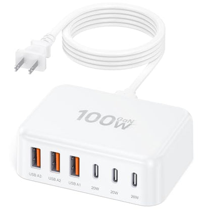 100W 6 in 1 USB Charger, 50% Smaller Charging Station for Multiple Devices - color: A-White