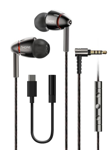 1MORE Quad Driver in-Ear Earphones Hi-Res High Fidelity Headphones Warm Bass, Spacious Reproduction, High Resolution, Mic in-Line Remote Smartphones/PC/Tablet - Silver/Gray