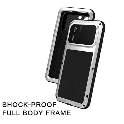 LOVE MEI Military Rugged Case for iPhone 16 Pro Max, with Tempered Glass Screen Protector, Shockproof Dustproof Scratch Proof Hybrid Metal and Silicone Gel Heavy Duty Full Body Cover Silver - color: Silver