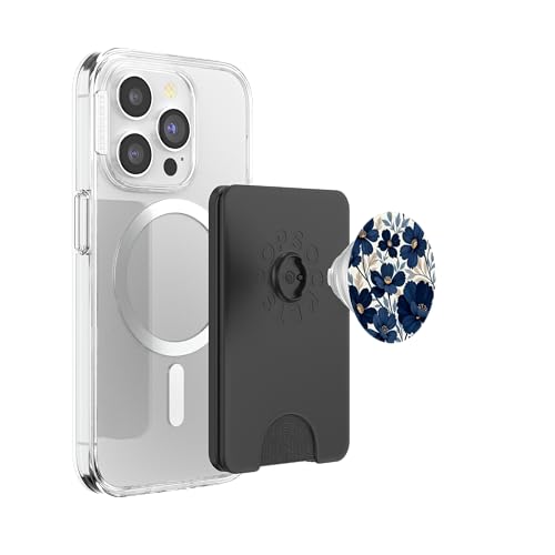 Botanical Navy Blue Floral Pattern PopSockets PopWallet for MagSafe - style: Magnetic PopWallet