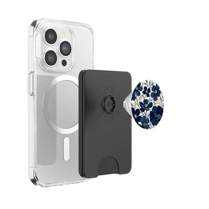 Botanical Navy Blue Floral Pattern PopSockets PopWallet for MagSafe - style: Magnetic PopWallet