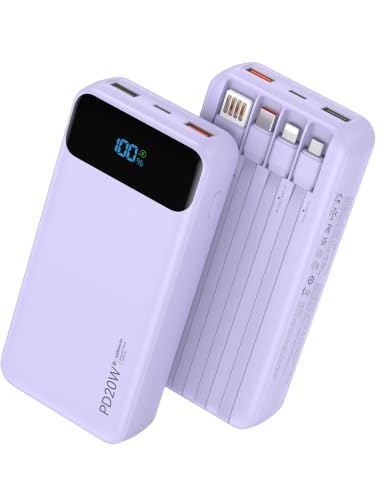 Nusyddy Portable Charger 20000mAh with 4 Built-in Cables & 6 Outputs Purp. - color: Violet