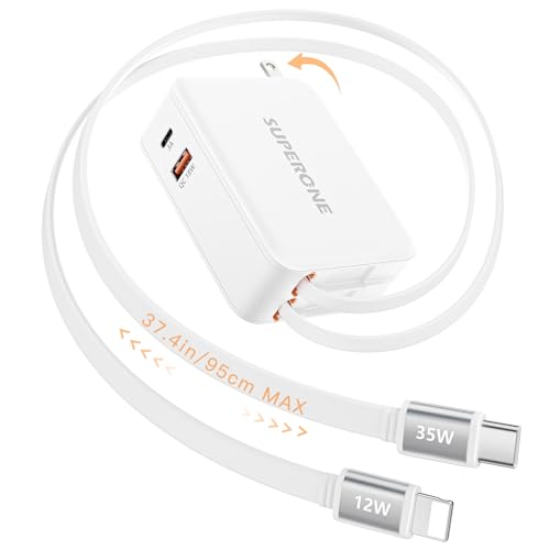 Upgrade SUPERONE Retractable Charger with 3.3FT Longes USB-C & Apple Cables - color: Matte White