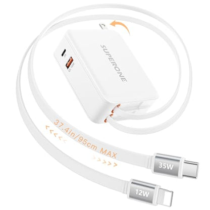 Upgrade SUPERONE Retractable Charger with 3.3FT Longes USB-C & Apple Cables - color: Matte White