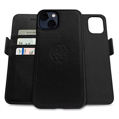 Dreem Vegan Leather Magnetic Detachable Wallet Case for iPhone 13 Black | Built-in Phone Stand, RFID Blocking Card Holder Flip Cover, MagSafe Compatible, Gift Box [Fibonacci: Black] - color: Black, size: iPhone 13