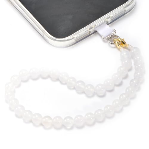 Agate Beaded Phone Wrist Strap for Women Men Stone Beads Charm Handmade Cellphone Chain Lanyard with Tether Tab - color: White-1, size: 6mm Beads