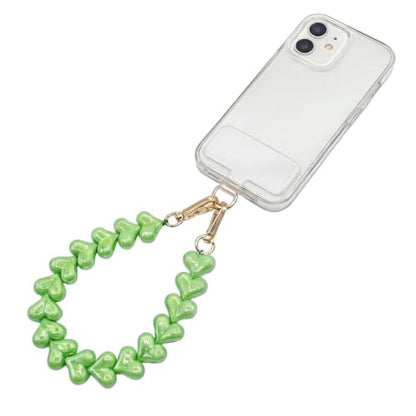 Heart Beaded Phone Wristlet | Phone Wrist Strap With Tether Tab | Cute Accessory for Phone, AirPods, Bag, Keys, Camera - color: Spring Green