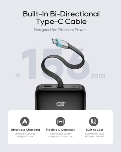 CUKTECH 25000mAh Power Bank, 100W Laptop Portable Charger with Built-in USB-C Cable, 100W Fast Recharge, 90Wh Travel Battery Pack for MacBook Air/Pro, iPhone, Galaxy, Pixel, iPad, Steam Deck