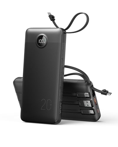 VRURC Portable Charger 4-Built-in-Cables 20000mAh Fast Charging Power Bank - color: Black