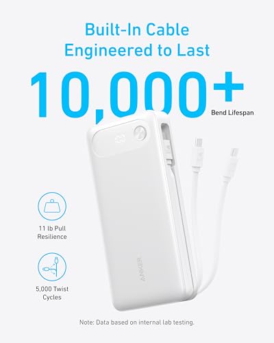 Anker Power Bank, 20,000mAh Travel Essential, Built-in USB-C Cable(White) - color: White