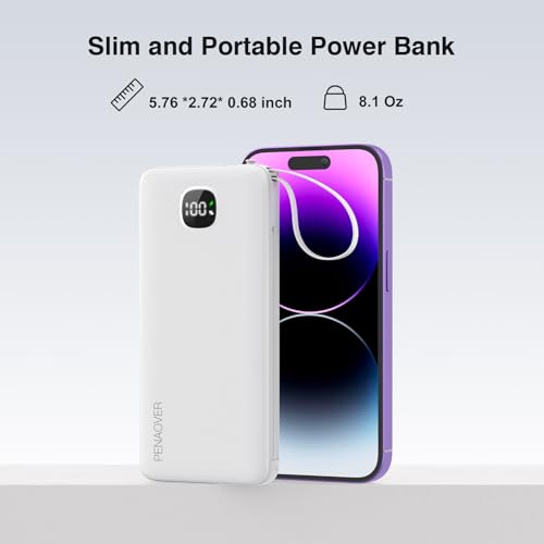 Portable Charger 10000mAh 22.5W Power Bank,Built-in 3 Cables & AC Wall Plug - color: Matte White