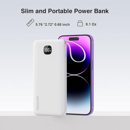 Portable Charger 10000mAh 22.5W Power Bank,Built-in 3 Cables & AC Wall Plug - color: Matte White