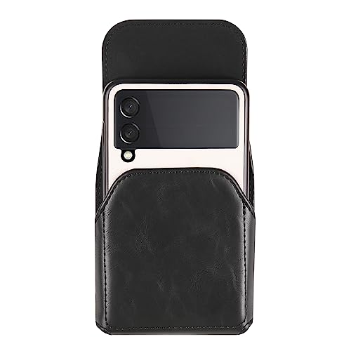 Waist Bag Leather Black for Galaxy Z Flip 8/7/6/5/4/3, Folding Phone Pouch Wear Belt Clip Pack Leather Case with Belt Loop Compatible with Motorola RAZR 5G/RAZR 70 60 50 40 Ultra/RAZR Plus - color: Black