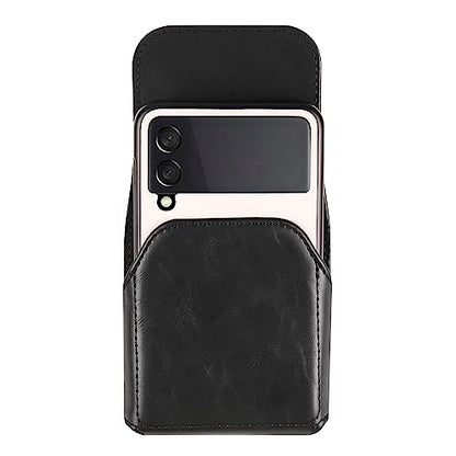 Waist Bag Leather Black for Galaxy Z Flip 8/7/6/5/4/3, Folding Phone Pouch Wear Belt Clip Pack Leather Case with Belt Loop Compatible with Motorola RAZR 5G/RAZR 70 60 50 40 Ultra/RAZR Plus - color: Black