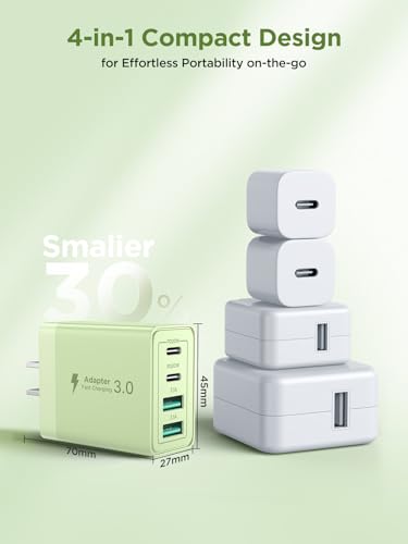 [2-Pack] USB C Charger Block, 4 in 1 iPhone Charger, PD 3.0 40W Charging Blocks, QC 2A USB Wall Charger for iPhone 17 16 15 14 13 12 Pro Max, iPad - color: Yellow + Green