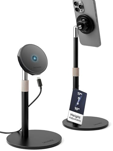 GALVANOX Magnetic Fast-Charging Desk Phone Stand (Adjustable Height) Compatible with MagSafe, Tall Wireless Charger, Heavy Metal Base (15W) Desktop iPhone Holder, Great for Office/Video Calls