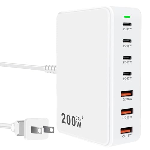 USB C Charger Station 200W PD QC3.0 GaN Fast Charging Block 7 Port (White) - color: white