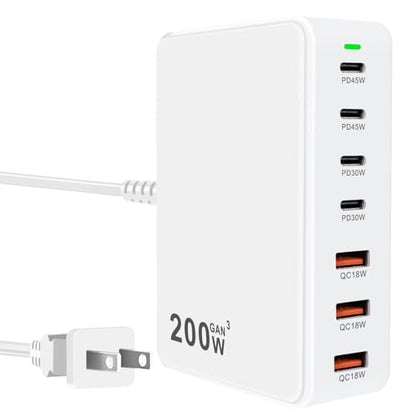 USB C Charger Station 200W PD QC3.0 GaN Fast Charging Block 7 Port (White) - color: white