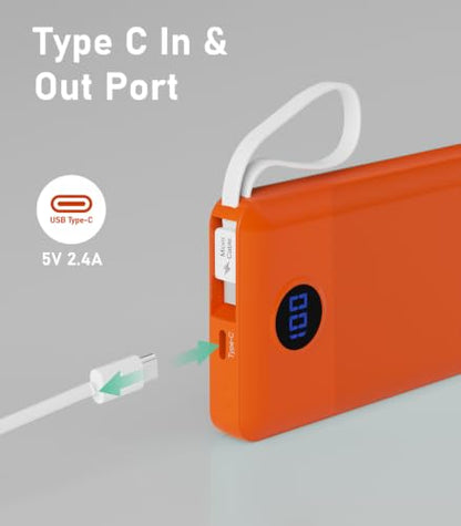 Portable Charger Built in 4 Cables, 10000mAh Power Bank, Orange - color: Orange