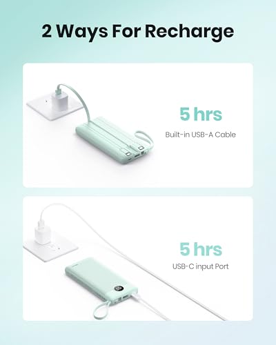 Portable Chargers 10000mAh, Slim Travel Essentials Power Bank, 5 Outputs 2 Inputs LED Display External Battery Pack with Built-in Cables Compatible with iPhone/Android & More (Teal) - color: Teal