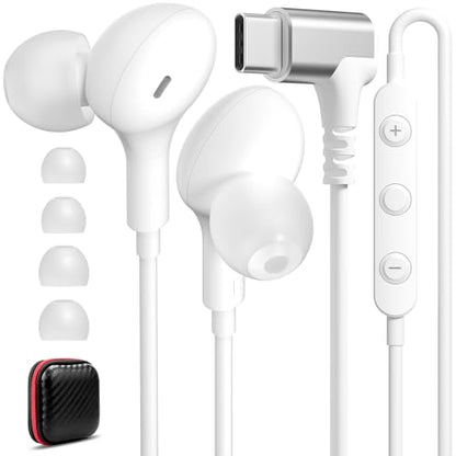 USB C Headphones with Case & Mic Wired Earbuds 90° Angled for Apple Android - color: White