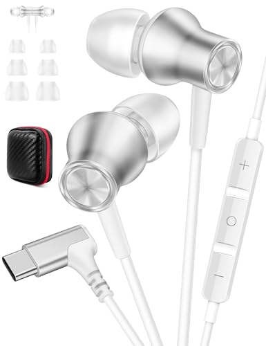 Jiunai USB C Wired Earbuds Right Angle Headphones with Mic Magnetic Silver - color: Silver
