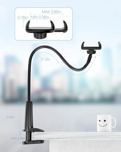 3.2 Ft Cell Phone Clip Bed Stand Holder, with Grip Flexible Long Arm Gooseneck Bracket Mount Clamp for Desk, Compatible with iPhone or Other 3.5-7" Devices (Black) - color: Black