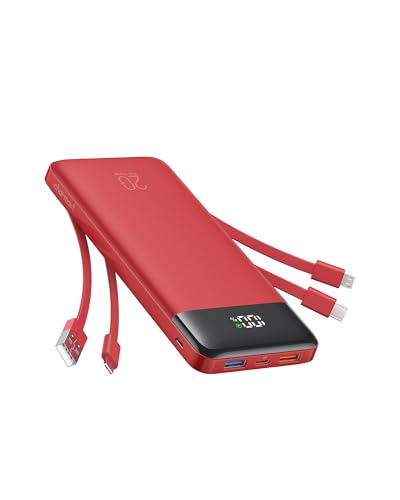 charmast Portable Charger Built-in Cables, 20000mAh Power Bank 6-Output - color: Flame Red