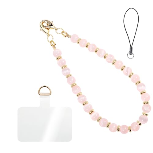 CH.yishi Beaded Phone Charm Wrist Strap with Tether Tab,Camera Lanyard - style: Pink Cat’s Eye