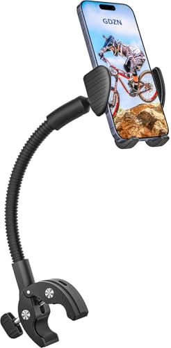 GDZN Gooseneck Handlebar Phone Holder for Stroller/Wheelchair/Treadmill/Spin Bike/Golf Cart/Boat/Mic Stand/Gym Bicycle Phone Clamp, Compatible with iPhone Pro Max 17/16/15, Galaxy, 4.7-7" Smartphones