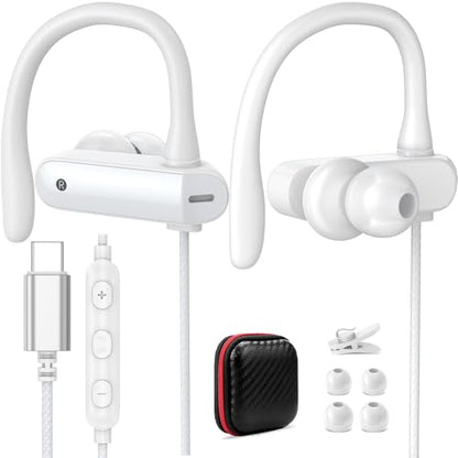 USB C Headphones Over Ear Hook Kids Sport USB-C Wired Earbuds with Loop Mic - color: White