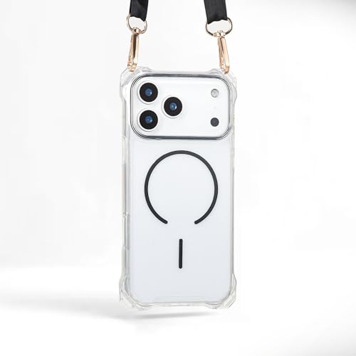 Magnetic for iPhone 17 Pro Crossbody Phone Case,Clear/Black,Clear Magnetic Soft Frame PC Back Shockproof Protective Phone Cover with Adjustable Detachable Lanyard,Compatible with MagSafe - color: Clear/Black, size: iPhone 17 Pro