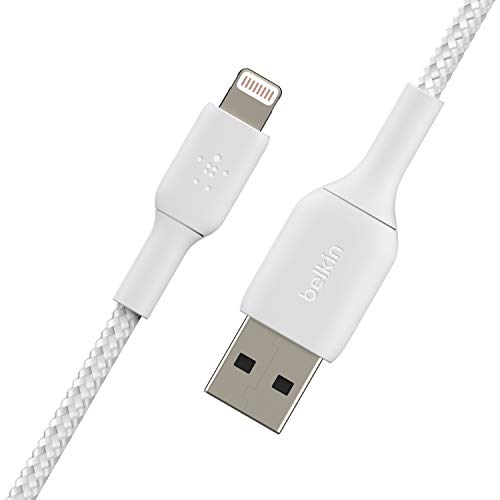 Belkin BoostCharge Braided Lightning Cable - 6.6ft/2M - MFi Certified Apple iPhone Charger USB to Lightning Cable 6ft - iPhone Cable - iPhone Charger Cable - Apple Charger - USB Phone Charger - White - color: White, style: 6.6 ft