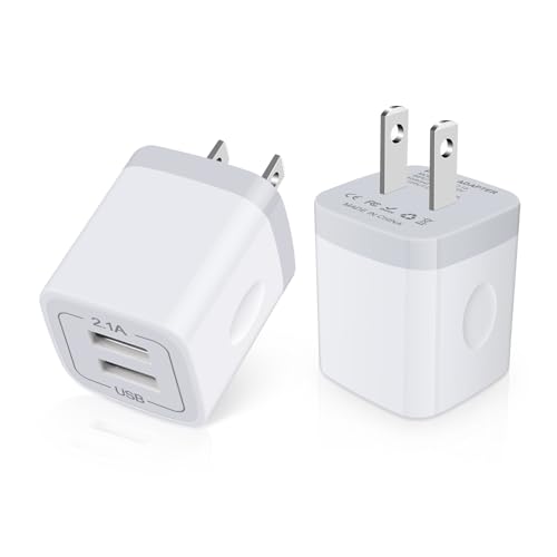USB Wall Charger, Charger Block, 2Pack 2.1A/5V Dual Port USB Wall Plug Cube - color: white