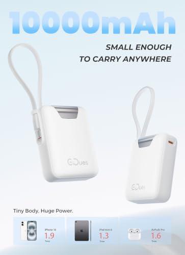 M1 Mini Portable Charger, 10000mAh Ultra-Compact Power Bank, 22.5W PD Fast Charging, Tpye-C Built-in Cable, Small External Battery Pack for iPhone, Samsung, Android iPad (White) - color: White