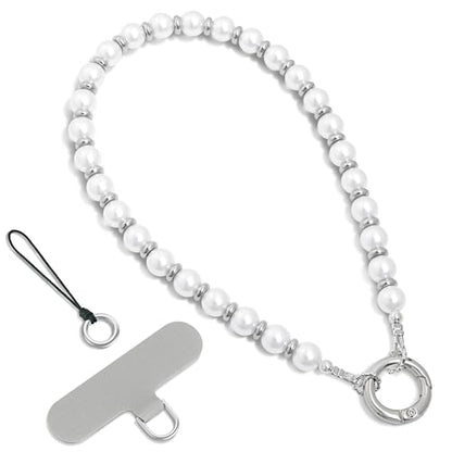 SURPHY Phone Charm, Handmade Beaded Phone Wrist Strap with Tether Tab - color: A- Pearl Silver
