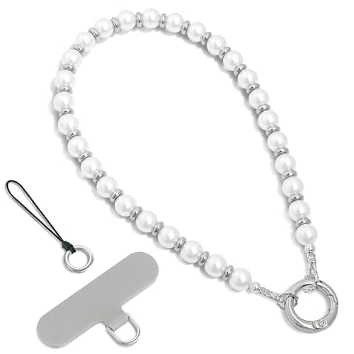 SURPHY Phone Charm, Handmade Beaded Phone Wrist Strap with Tether Tab - color: A- Pearl Silver