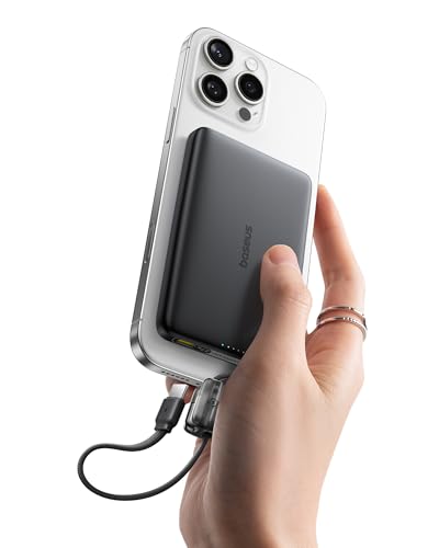 Baseus Picogo Qi2 15W Magsafe Portable Charger, 0.5" Ultra Slim 10000mAh Wireless Power Bank with 27W Built-in USB-C Cable, Magnetic Battery Pack for iPhone 17 Pro Max/17 Pro/Air/16/15/14/13/12 | 10000mAh Wireless Power Bank, 27W Fast Charging Magnetic Ba