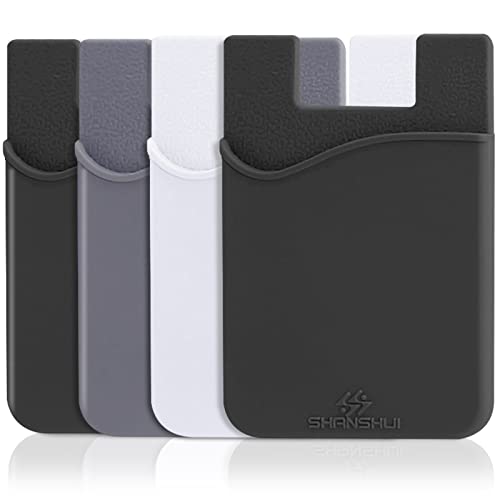 SHANSHUI 4-in-1 Phone Card Holder: Premium Silicone Wallet for ID, Drivers License, Credit Cards - Fits All Mobile Phones - color: Black,White, Grey (4pcs )