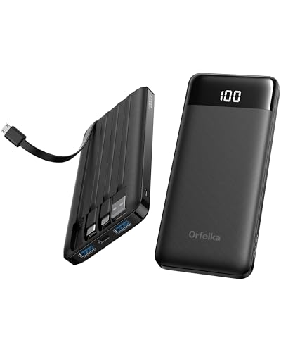 Orfeika Fast Charging Portable Charger Power Bank with Built-in 4 Cables | 10000mAh|Ultra-Slim&Light|Flight-Safe|Power 6 Devices at Once|22.5W|Battery Pack For iPhone,Samsung,Google|Travel Essentials - color: Black